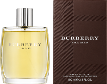 Burberry for Men EDT: Żółty flakon z srebrnym korkiem, obok brązowe pudełko z kratką i napisem. Widok z przodu.