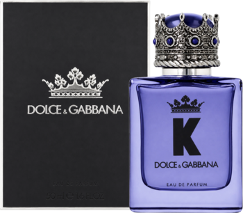 Dolce & Gabbana K Eau de Parfum, męski. Fioletowa butelka z królewską koroną i czarne pudełko, widok z przodu.