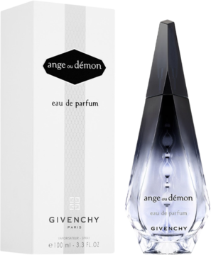 Givenchy Ange ou Démon woda perfumowana, białe opakowanie obok eleganckiej butelki w kształcie łzy z gradientem.