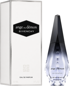 Givenchy Ange ou Démon EDP 30ml: białe pudełko z logo i butelka w kształcie łzy, czarno-srebrna, pionowo.