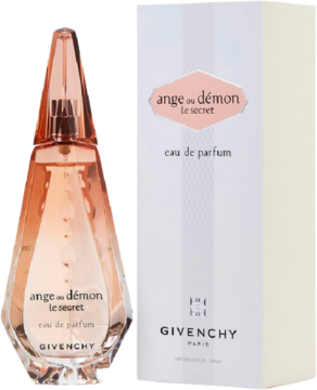 Givenchy Ange ou Démon Le Secret woda perfumowana w fasetowanej butelce z różowym płynem i białym opakowaniem.