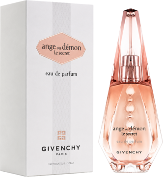 Givenchy Ange ou Démon Le Secret woda perfumowana. Różowa, fasetowana butelka i białe pudełko, widok z przodu.