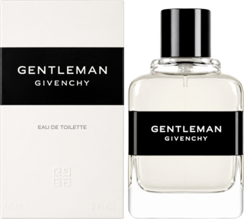 Givenchy Gentleman Eau de Toilette, białe pudełko i szklana butelka z czarnymi napisami, ułożone obok siebie.