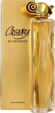 Złota woda perfumowana Givenchy Organza dla kobiet, butelka z rzeźbionym kształtem i ozdobną nakrętką obok opakowania.