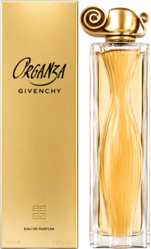 Givenchy Organza woda perfumowana dla kobiet, złote opakowanie i elegancka, rzeźbiona butelka, widok z przodu.