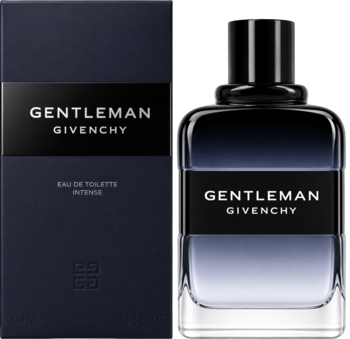 Givenchy Gentleman Intense woda toaletowa, ciemnoniebieska butelka i pudełko z białymi napisami, widok z przodu.
