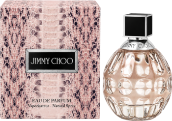 Jimmy Choo Woman woda perfumowana: butelka z fasetowaną fakturą i czarnym korkiem oraz pudełko w wężowy wzór.