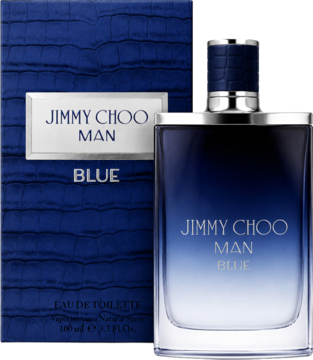 Jimmy Choo Man Blue woda toaletowa 100 ml: butelka z gradientem błękitu, obok fakturowane niebieskie pudełko.