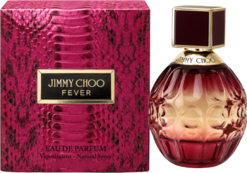 Jimmy Choo Fever EDP. Ciemnoróżowe pudełko o teksturze węża i elegancki flakon z czerwoną barwą ombre.