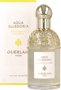 Guerlain Aqua Allegoria Bergamote Calabria EDT 75ml, butelka ze złotym korkiem o strukturze plastra miodu, przy białym pudełku.