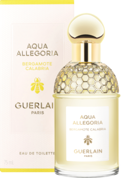 Guerlain Aqua Allegoria Bergamote Calabria EDT 75ml: butelka z plastrem miodu i złota nakrętka, obok białe pudełko.
