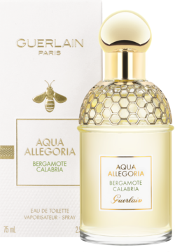 Guerlain Aqua Allegoria Bergamote Calabria EDT 75ml, złoty flakon z pszczelim wzorem, na tle białego opakowania.