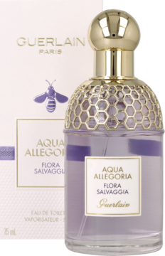 Guerlain Aqua Allegoria Flora Salvaggia EDT, fioletowa butelka z złotym korkiem o strukturze plastra miodu, na tle opakowania.