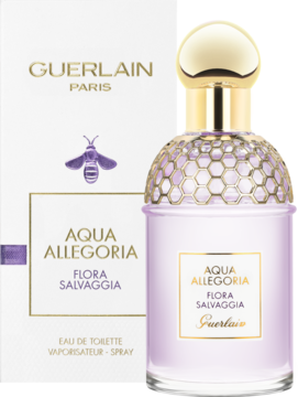 Guerlain Aqua Allegoria Flora Salvaggia EDT, fioletowa butelka z złotą nakrętką i białe pudełko z pszczołą.