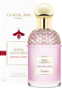 Guerlain Aqua Allegoria Granada Salvia EDT. Różowa butelka z teksturą plastra miodu, białe pudełko z czerwoną pszczołą.
