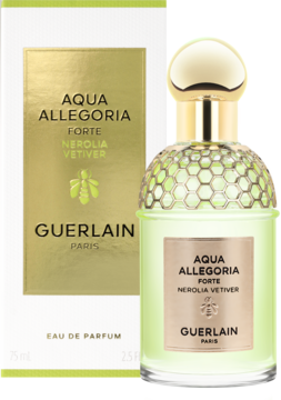Guerlain Aqua Allegoria Forte Nerolia Vetiver EDP, zielony flakon z miodowym korkiem, białe pudełko, widok z przodu.