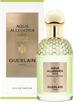 Guerlain Aqua Allegoria Forte Nerolia Vetiver: zielona butelka perfum ze złotą nakrętką i białe opakowanie, widok z przodu.