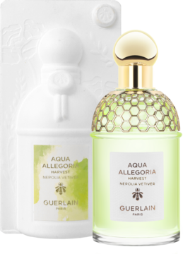 Dwa flakony Guerlain Aqua Allegoria Nerolia Vetiver unisex, szklany z zielonym płynem i biały reliefowy.