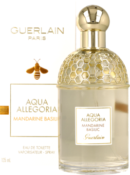 Guerlain Aqua Allegoria Mandarine Basilic EDT, butelka i pudełko. Złoty korek plaster miodu, świeży cytrusowo-bazyliowy zapach.