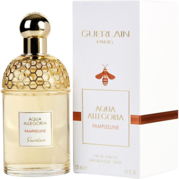 Perfumy Guerlain Aqua Allegoria Pamplelune EDT, butelka ze złotym korkiem i białe pudełko z pszczołą.