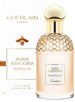 Guerlain Aqua Allegoria Pamplelune EDT, białe pudełko z pszczołą i butelka z pomarańczowym płynem i złotym dekorem, widok z przodu.
