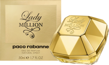 Paco Rabanne Lady Million EDP: złoty, fasetowany flakon w kształcie diamentu oraz pudełko. Widok z przodu.