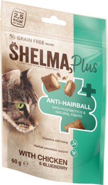 Beżowo-turkusowa paczka przysmaków Shelma Plus Anti-Hairball dla kota, kurczak i jagody, widok z przodu.