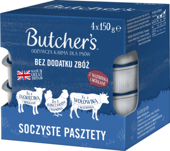 Butcher's Soczyste Pasztety dla psów, niebieska multipaka 4x150g, bez zbóż, z jagnięciną, kurczakiem, wołowiną.