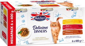 BUTCHER'S Delicious Dinners ,pełnoporcjowa karma dla kota, w formie kawałków w galaretce,kompozycja-2