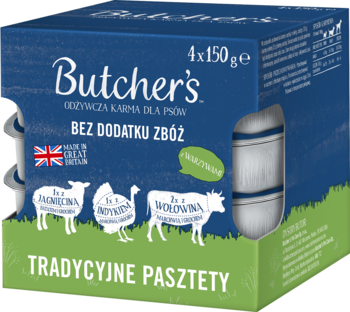 Niebiesko-zielone opakowanie karmy Butcher's Tradycyjne Pasztety dla psów, bez zbóż, z trzema rodzajami mięs.