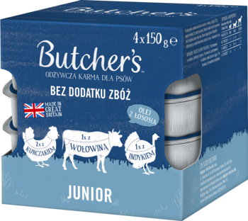 Butcher's Junior karma dla szczeniąt 4x150g, bez zbóż, niebieskie pudełko z ikonami mięs, widok przód.