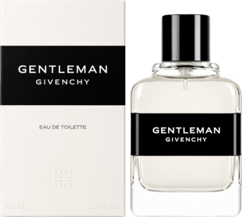 Givenchy Gentleman woda toaletowa 100ml, butelka i pudełko z czarnym pasem, widok z przodu.