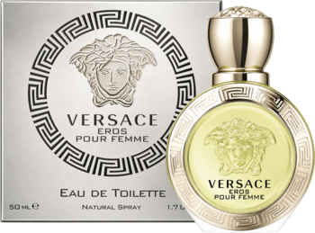 Versace Eros Pour Femme woda toaletowa, butelka z żółtym płynem obok srebrnego pudełka, logo Meduzy.