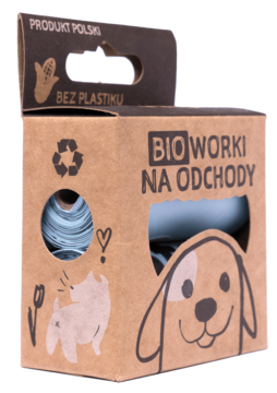 Frontowe ujęcie kartonowego pudełka BIO worków na odchody dla psów, z niebieskimi rolkami i napisem Bez Plastiku.