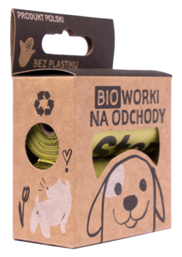 Opakowanie BIO worków na odchody StarchBag z widocznymi zielonymi rolkami w brązowym kartonie.