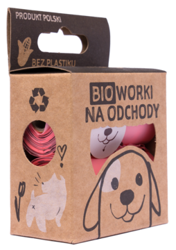 Brązowe kartonowe opakowanie BIO worków na odchody z psem i napisem „BEZ PLASTIKU”, z widocznymi różowymi rolkami.