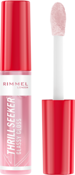 Rimmel Thrill Seeker Glassy Gloss Coco Suga, jasnoróżowy błyszczyk z dużą gąbeczką aplikatora, buteleczka otwarta.