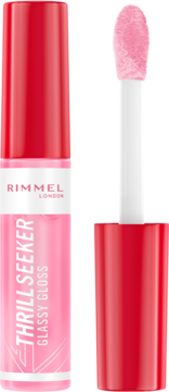 Rimmel Thrill Seeker Glassy Gloss Pink Candy, otwarty, z aplikatorem i różowym błyszczykiem.