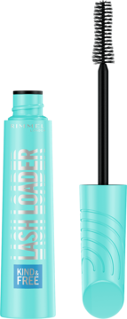 Czarna maskara Rimmel Kind & Free w turkusowej tubce, otwarta z wyciągniętą szczoteczką z biowłókien.
