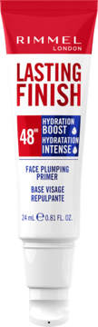 Rimmel Lasting Finish Face Plumping Primer w białej tubie z czerwoną nakrętką, widok z przodu, 48h hydratacja.