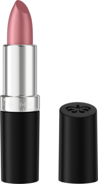 Satynowa pomadka Rimmel Lasting Finish Pink Frosting wysunięta z czarnej tubki, obok czarna nakrętka.