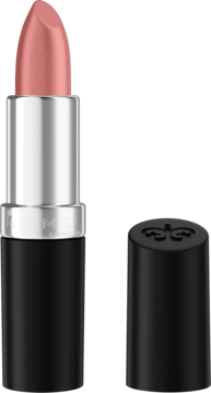 Otwarta pomadka Rimmel Lasting Finish Sunset Rose, satynowa, różowo-beżowa, czarna tuba ze srebrnymi detalami i nakrętka.