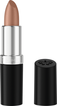 Nude satynowa pomadka Rimmel Lasting Finish Golden Dust w czarno-srebrnym opakowaniu, otwarta, z nakrętką obok.