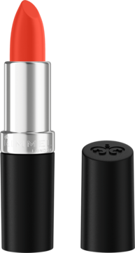 Intensywnie czerwona pomadka Rimmel Lasting Finish otwarta, z wysuniętym sztyftem i czarną nakrętką obok.