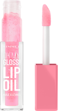 Rimmel Oh My Gloss! Lip Oil, nawilżający olejek do ust z dużym, różowym aplikatorem, widok z boku.