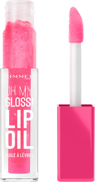 Rimmel Oh My Gloss! Lip Oil, przezroczysta butelka z jaskrawo różowym olejkiem i obok duży aplikator z gąbeczką.