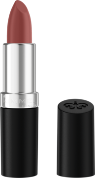 Otwarta pomadka Rimmel Lasting Finish w kolorze Mauve Quartz, z satynowym wykończeniem i czarną nakrętką obok.