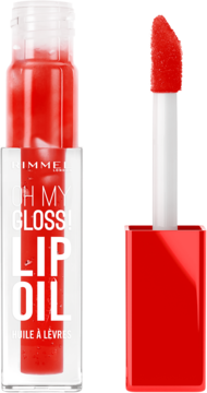 Rimmel Oh My Gloss! Lip Oil, przezroczysta butelka z czerwonym olejkiem, obok czerwony aplikator z pędzelkiem.