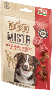 Propesko Mistr miękkie wołowe kostki, brązowa torebka z psem, przód opakowania z kośćmi i wołowiną.