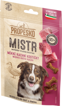Propesko Mistr, miękkie bezzbożowe kostki z kaczką dla psów, opakowanie z psem i kaczką, widok z przodu.
